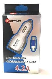 CARGADOR PARA AUTO KOSMO 2 PUERTOS USB 12V KOS 4.2