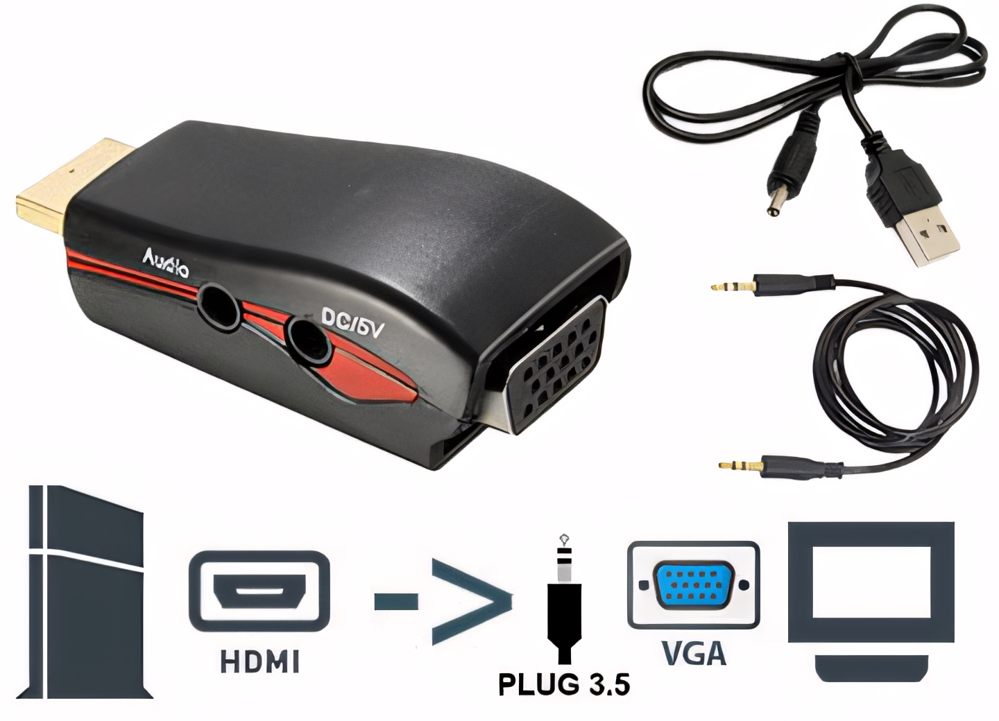 Adaptador HDMI (M) a VGA (H) con AUDIO