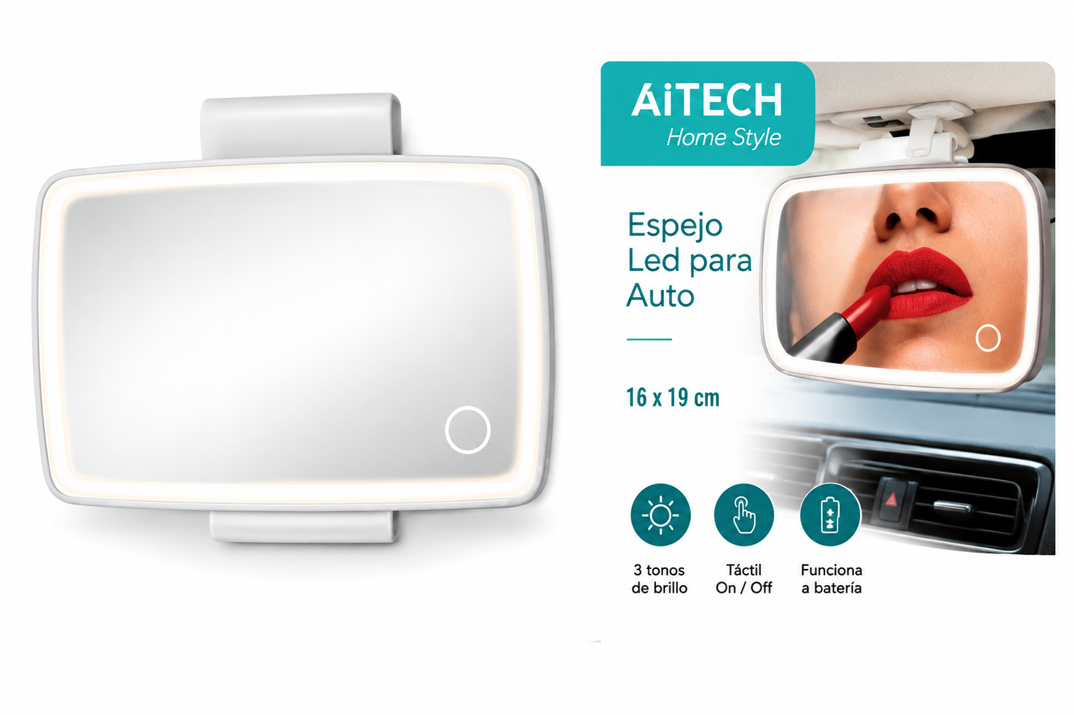 ESPEJO LED AITECH RECARG P/ AUTO 16X10CM